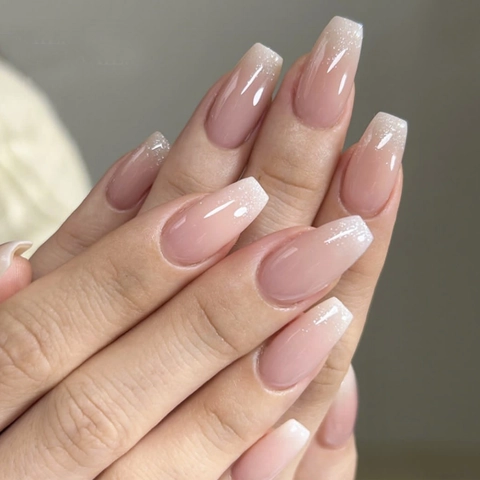 Unghie Finte Press On Nails Long Ballerina Coffin Francese Ombre Glitter Nude Rosa Bianco Sfumato Lucide Unghie Artificiali Donne