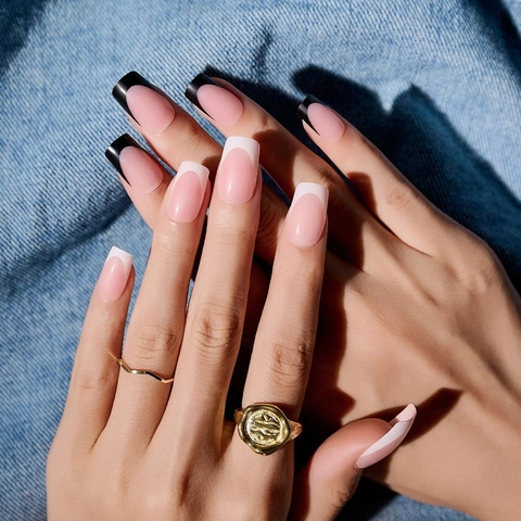 French Tip Press On Nails Black White Minimalist Square Shape False Nails With File And Adhesive Tabs