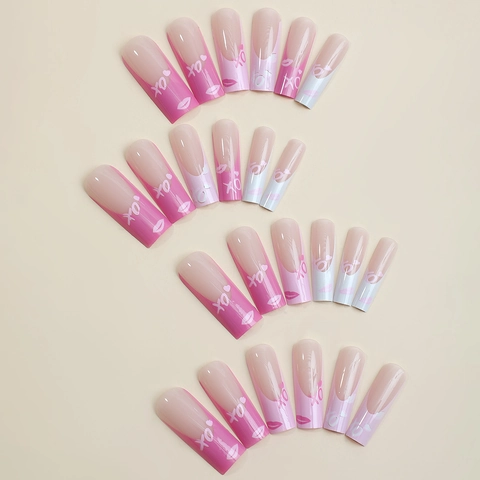 Extra Long Coffin Press On Nails French Pink White XO Lip Print Valentine Day Fashion False Nails For Women