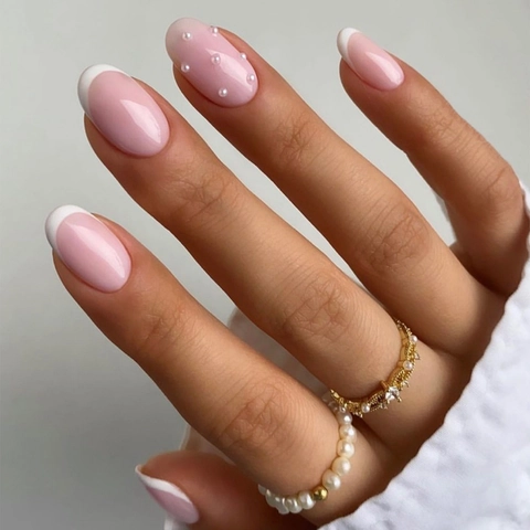 French Tip Press On Nails With Artificial Pearl Accents Nude Pink Minimalist Fake Nails Including Nail File And Adhesive