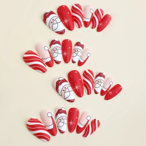 Unghie Finte Di Natale Forma Mandorla Lunga Rosso Bianco Design Babbo Natale Fiocco Di Neve Per Donne Con Lima Per Unghie