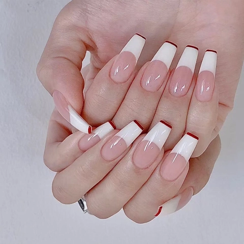 Uñas Postizas Largas Coffin French Tip Press On Nails Con Diseño Rojo Y Blanco Para Mujeres Manicura DIY Chic