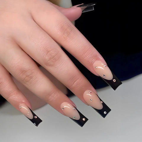Uñas Postizas Hechas A Mano Extra Largas Coffin French Tips Negro Diamantes De Imitación Lujo Para Mujeres