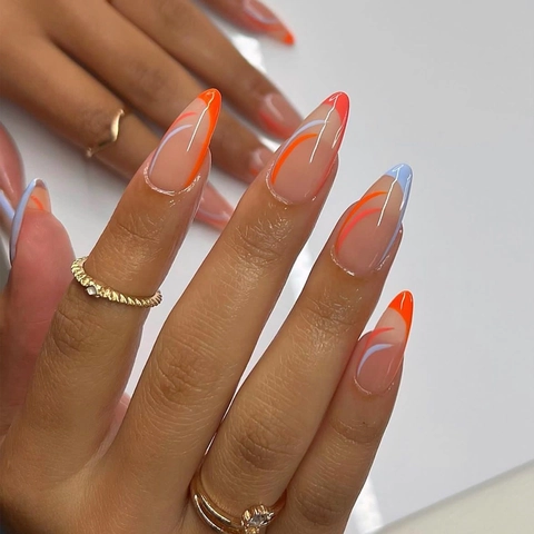 Unghie Finte A Mandorla Francese Linee Ondulate Arancione Blu Eleganti Unghie Finte Lunghe Manicure Lucida Con Lima E Colla