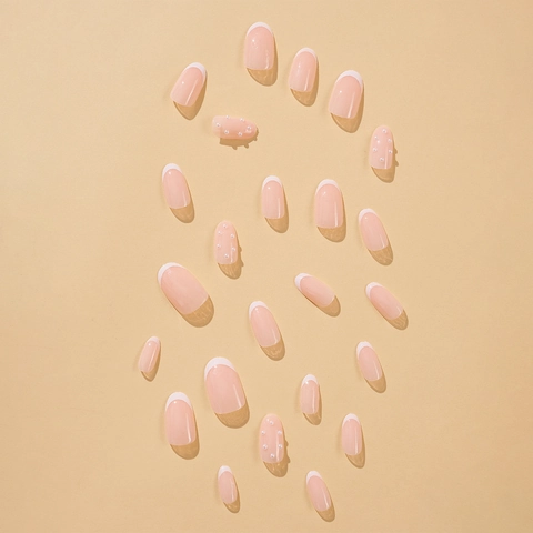 French Tip Press On Nails With Artificial Pearl Accents Nude Pink Minimalist Fake Nails Including Nail File And Adhesive