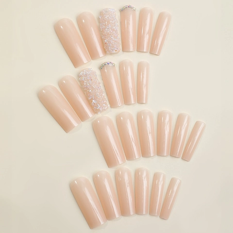 Press On Nails Extra Lange Coffin Square Strass Glitzer Nude Pink Glänzend Künstliche Nägel Für Frauen