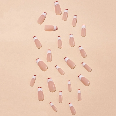 Uñas Postizas Largas Coffin French Tip Press On Nails Con Diseño Rojo Y Blanco Para Mujeres Manicura DIY Chic