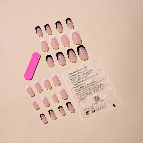 French Tip Press On Nails Black White Minimalist Square Shape False Nails With File And Adhesive Tabs