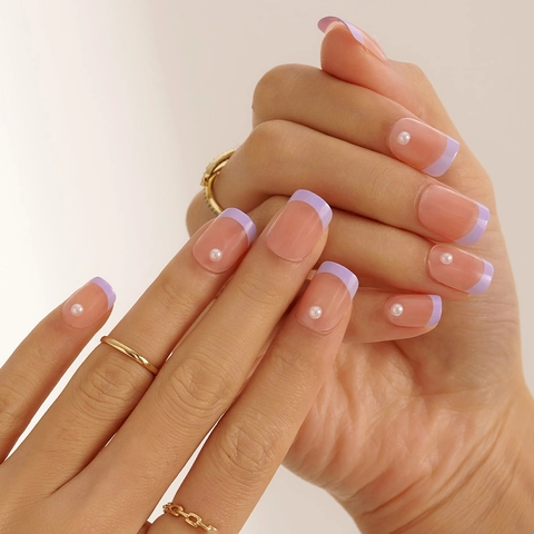 French Tip Press On Nails Light Purple With Artificial Pearl Decoration Square Round False Fingernails Glossy Artificial Manicure