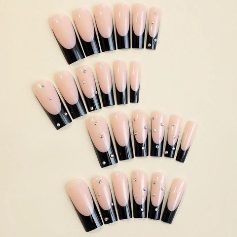 Uñas Postizas Hechas A Mano Extra Largas Coffin French Tips Negro Diamantes De Imitación Lujo Para Mujeres