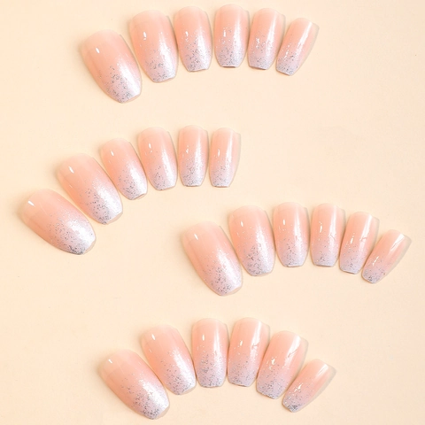 Unghie Finte Press On Nails Long Ballerina Coffin Francese Ombre Glitter Nude Rosa Bianco Sfumato Lucide Unghie Artificiali Donne