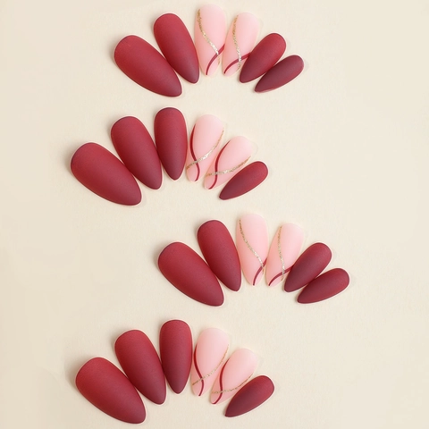 Unghie Finte A Mandorla Opache Borgogna Rosa Chiaro Motivo Linea Dorata Unghie Fatte A Mano Per Donne Manicure DIY