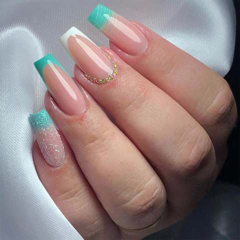 Handmade French Long Coffin Press On Nails Glitter Marble Design Elegant Rhinestone Artificial Fake Fingernails For Women
