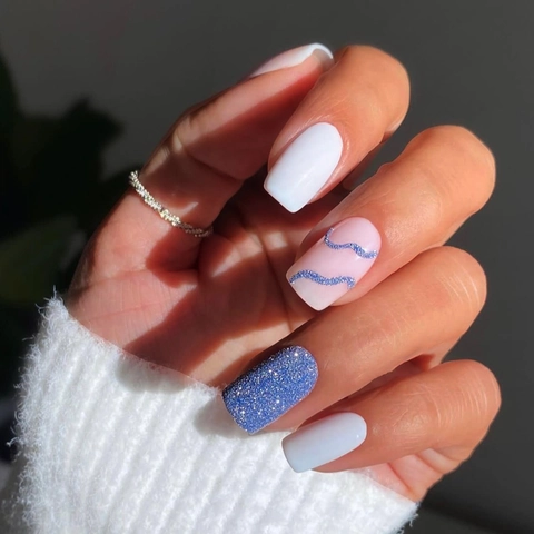 Long Square Press On Nails White Pink Cow Print Blue Glitter Elegant Artificial Fingernails Nail File Jelly Glue