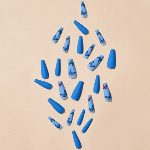 Press On Nails Long Coffin Shape Klein Blue Matte Butterfly Pattern Artificial Fake Nail Patches For Women DIY Manicure