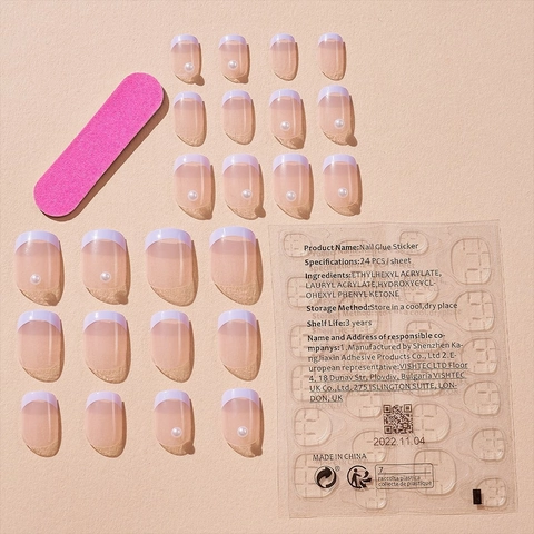 French Tip Press On Nails Light Purple With Artificial Pearl Decoration Square Round False Fingernails Glossy Artificial Manicure