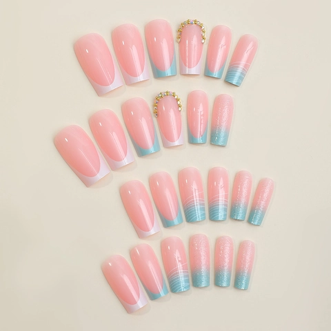 Handmade French Long Coffin Press On Nails Glitter Marble Design Elegant Rhinestone Artificial Fake Fingernails For Women