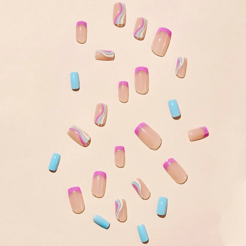 Unghie Finte A Pressione Con Onde Colorate Lucide Azzurro Rosa French Tip Forma Bara Unghie Artificiali Lunghe Per Donne