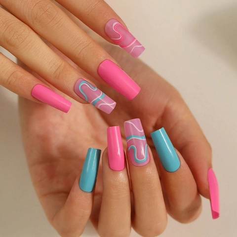 Unghie Finte A Pressione Forma A Bara Quadrata Lunga Rosa Blu Motivo A Onde Astratto Lucido Fatto A Mano Uso Quotidiano Donne