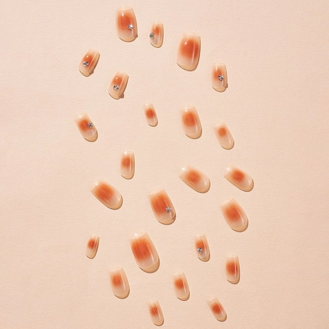 Short Square Press On Nails Gradual Blush Pink Artificial False Nail With Rhinestones Flower Decor DIY Manicure Women