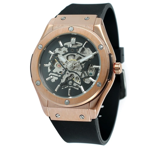 Men Skeleton Automatic Mechanical Watch Rubber Strap Alloy Case Fashion Casual Sporty Timepiece