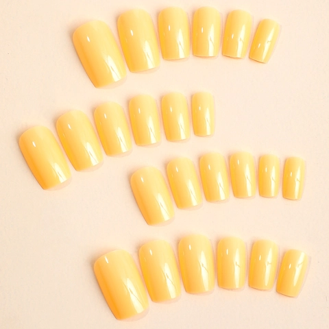 Uñas Postizas Brillante Amarillo Claro Cuadrado Kit De Manicura Larga Con Pestañas Adhesivas Y Lima De Uñas Para Mujeres