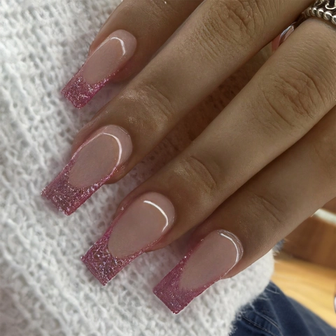 Uñas Postizas Francesas Largas Coffin Nude Rosado Con Brillo Rosa Degradado Lujo Uñas Artificiales Para Mujeres