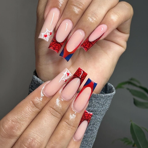Long Coffin Press On Nails Red French Tips Spider Web Heart Design Artificial Nails For Women With Accessories