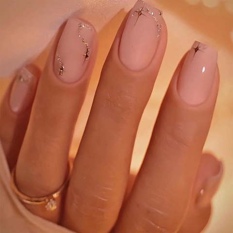 Press On Nails Nude Pink Matte Square False Nails With Gold Glitter Marble Star Pattern And Rhinestone Decor For Women