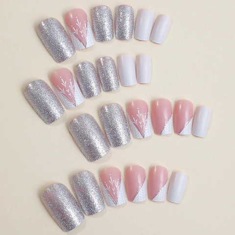 Winter Style Press On Nails Embossed Snowflake Pattern Glitter Glossy Elegant False Nails
