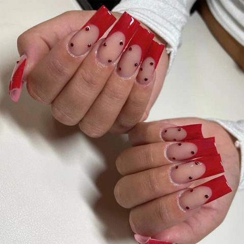 Press On Nails Extra Long Coffin French Red Pink Color With Rhinestones Handmade False Nails Manicure Art Tips