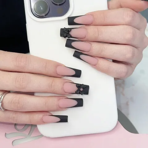 Matte French Tip Press On Nails Long Coffin Shape Fake Nails With 3D Bow Design For Women Manicure
