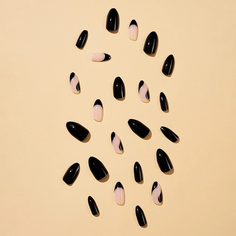 Schwarze Französische Mandel Aufpressnägel Mit Gelee Kleber Und Nagelfeile Lange Stiletto Marmor Design Glänzende Künstliche Nägel Damen