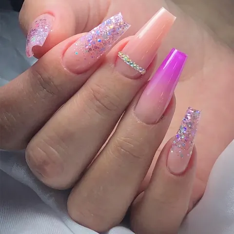 Ongles À Presser Cercueil Dégradé Rose Longs Paillettes Strass Design Élégants Faux Ongles Pour Femmes Style Manucure DIY