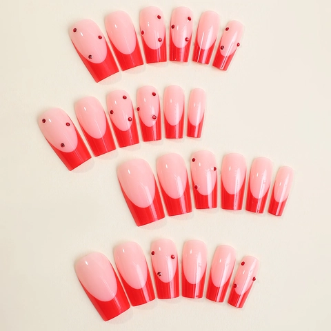 Press On Nails Extra Long Coffin French Red Pink Color With Rhinestones Handmade False Nails Manicure Art Tips