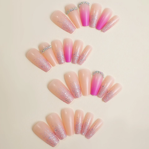 Ongles À Presser Cercueil Dégradé Rose Longs Paillettes Strass Design Élégants Faux Ongles Pour Femmes Style Manucure DIY