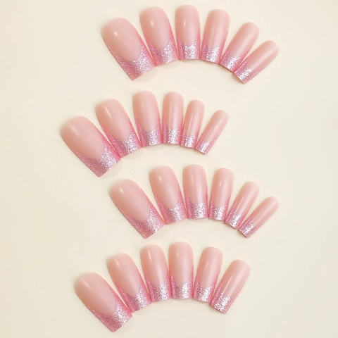 Uñas Postizas Francesas Largas Coffin Nude Rosado Con Brillo Rosa Degradado Lujo Uñas Artificiales Para Mujeres