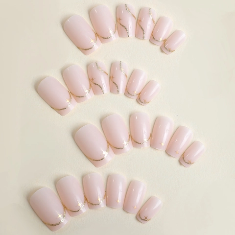 Press On Nails Nude Pink Matte Square False Nails With Gold Glitter Marble Star Pattern And Rhinestone Decor For Women