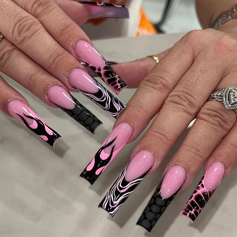 Extra Long Coffin Press On Nails Pink And Black Flame Pattern Cyberpunk French Style Fake Nails For Women