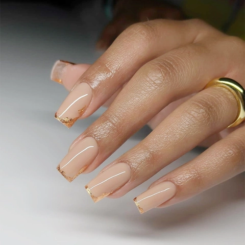 Press On Nails Handmade Long Square Gold Foil French Tip Nude Pink Elegant Light Luxury Fake Nails Artificial Finger Nails