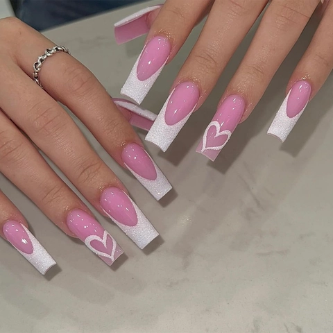 Long Coffin Press On Nails White French Tip Pink Base Glitter Heart Patterns Artificial Nails With File And Jelly Glue