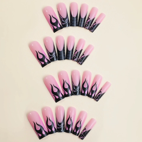 Extra Long Coffin Press On Nails Pink And Black Flame Pattern Cyberpunk French Style Fake Nails For Women