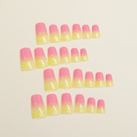 Lange Coffin Kunstnagels Roze Geel Gradiënt Luipaard Tijger Print Franse Stijl Glanzend Voor Vrouwen