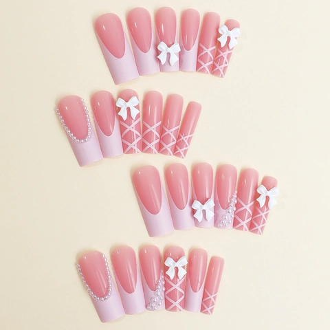 Franse Lange Coffin Press On Nagels Roze Gradiënt Witte 3D Strik Kunstparels Lint Ontwerp Handgemaakte Kunstnagels