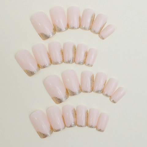Press On Nails Handmade Long Square Gold Foil French Tip Nude Pink Elegant Light Luxury Fake Nails Artificial Finger Nails