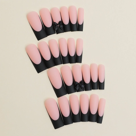 Matte French Tip Press On Nails Long Coffin Shape Fake Nails With 3D Bow Design For Women Manicure