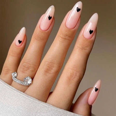Heart Pattern Press On Nails Almond Shape Glossy Fake Nails Romantic French Style For Women With Adhesive Tabs And File