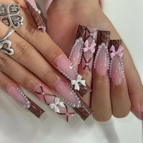 Extra Long Press On Nails Chocolate Brown Pink French Tip With 3D Bows And Artificial Pearls Square Fake Nails For Women