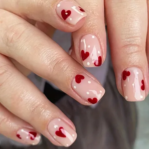 Valentine's Day Short Square Press On Nails Nude Pink Red Heart White Polka Dot Sweet DIY Manicure Tool For Women