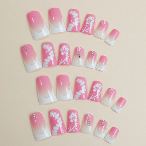 Duck Shape Press On Nails Französisch Pink Ombre Weiß Floral Strass Y2K Stil Abnehmbare Falsche Nägel